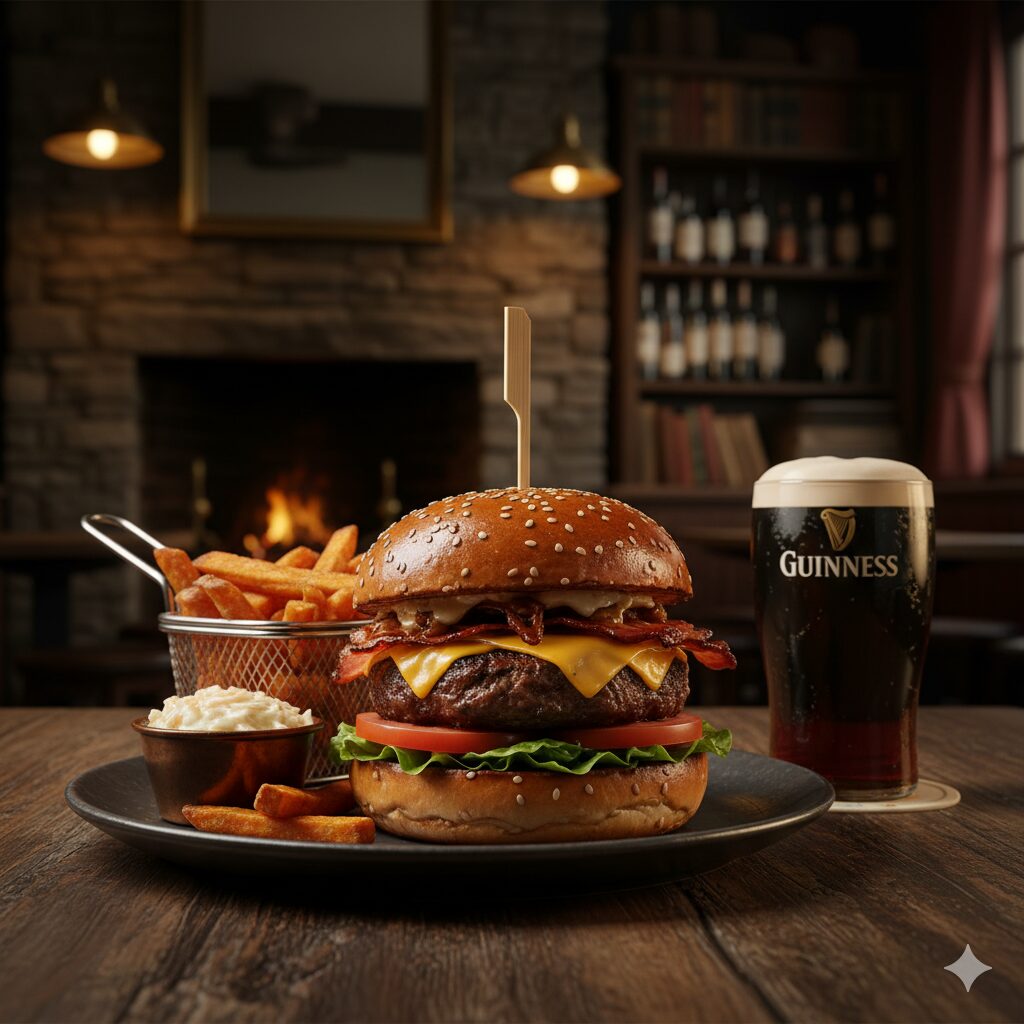 photo d'un burger super appétissant sur une table en bois, avec une ambiance un peu sombre et cosy comme dans un pub irlandais.